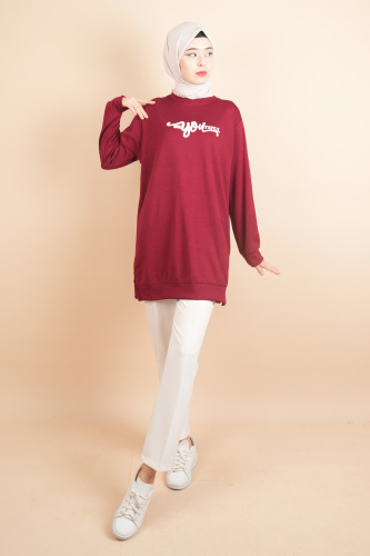 Tesettür Spor Üst Önü Baskılı Sweatshirt Bordo 