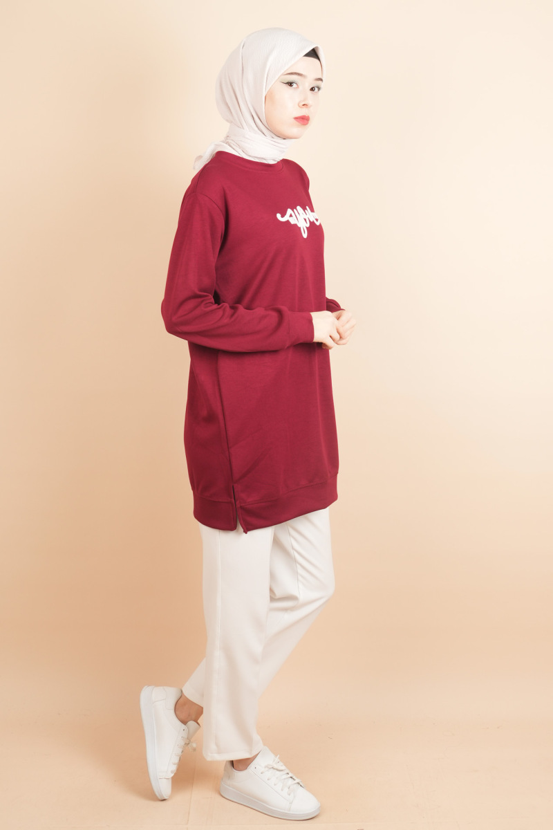 Tesettür Spor Üst Önü Baskılı Sweatshirt Bordo - 2