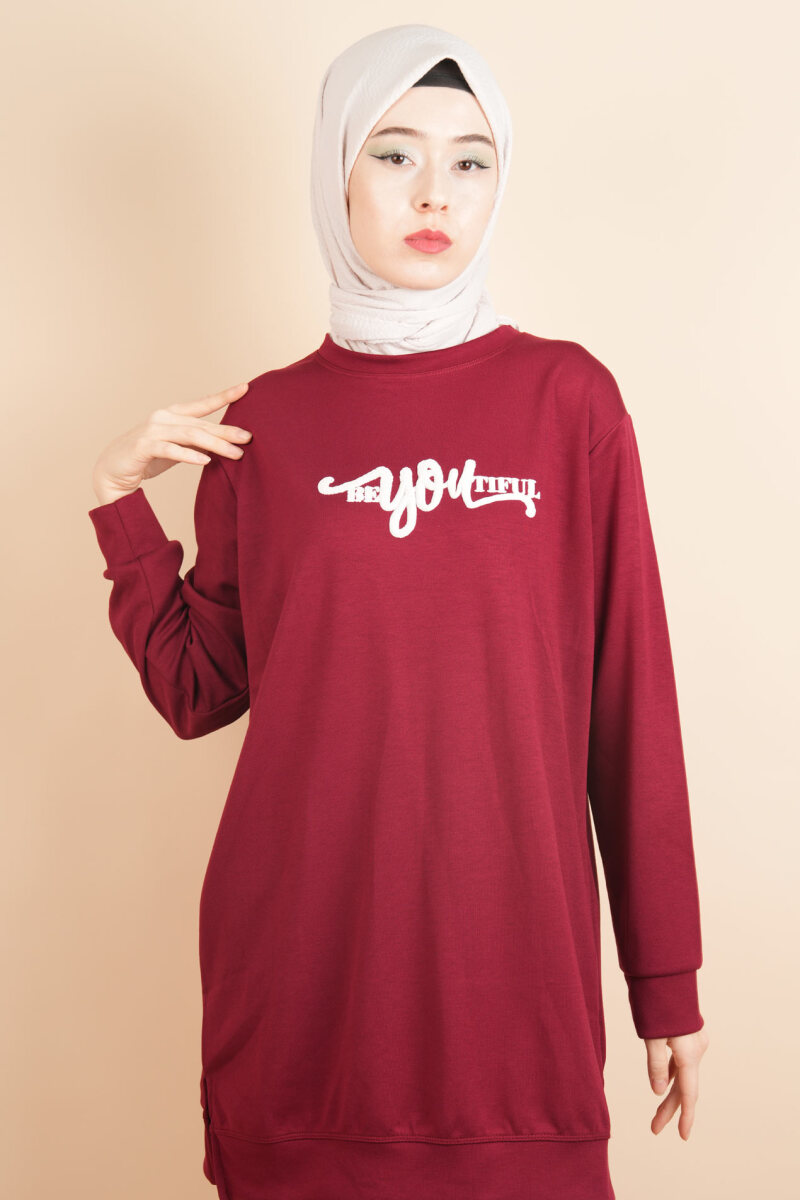 Tesettür Spor Üst Önü Baskılı Sweatshirt Bordo - 4