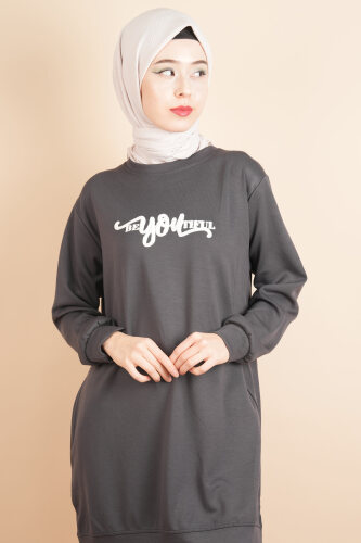 Tesettür Spor Üst Önü Baskılı Sweatshirt Gri - 4