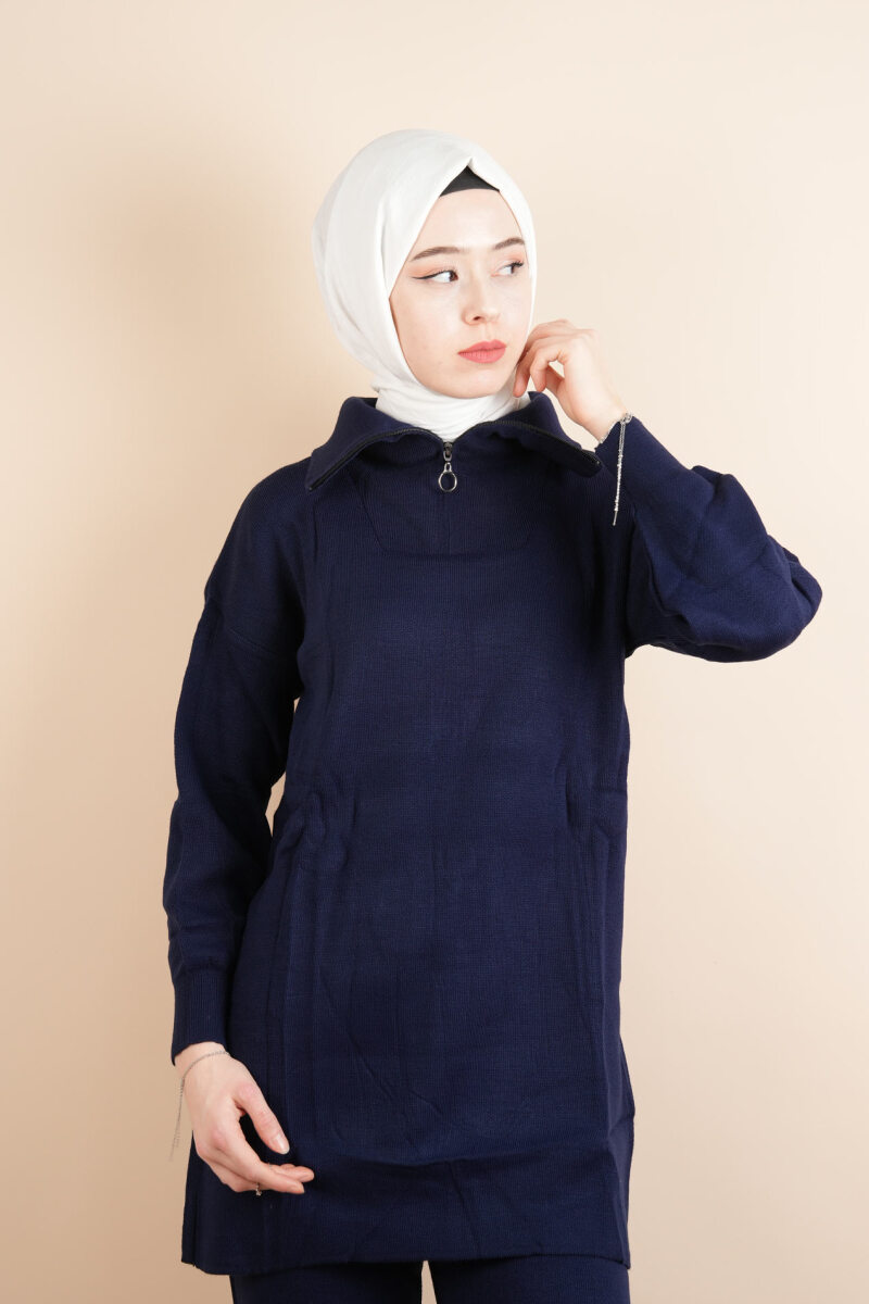 Tesettür Triko Takım Basic Sade Yarım Fermuarlı Triko İkili Takım Lacivert - 4